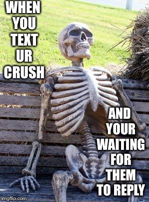Waiting Skeleton | WHEN YOU TEXT UR CRUSH; AND YOUR WAITING FOR THEM TO REPLY | image tagged in memes,waiting skeleton | made w/ Imgflip meme maker