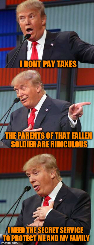 Mr. President: You Are a Sad Pun | I DONT PAY TAXES; THE PARENTS OF THAT FALLEN SOLDIER ARE RIDICULOUS; I NEED THE SECRET SERVICE TO PROTECT ME AND MY FAMILY | image tagged in bad pun trump | made w/ Imgflip meme maker