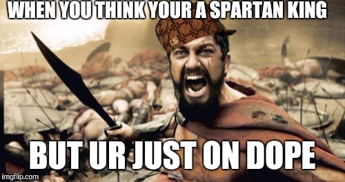 Sparta Leonidas Meme | WHEN YOU THINK YOUR A SPARTAN KING; BUT UR JUST ON DOPE | image tagged in memes,sparta leonidas,scumbag | made w/ Imgflip meme maker