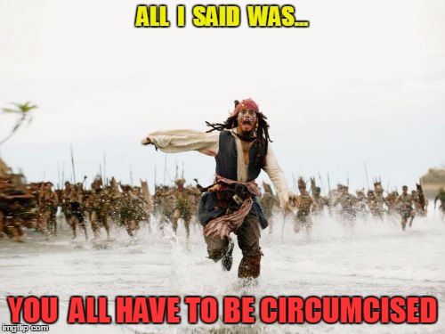 Jack Sparrow Being Chased | ALL  I  SAID  WAS... YOU  ALL HAVE TO BE CIRCUMCISED | image tagged in memes,jack sparrow being chased | made w/ Imgflip meme maker