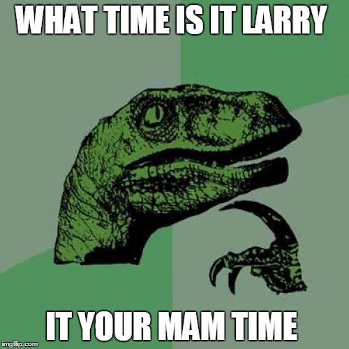 Philosoraptor | WHAT TIME IS IT LARRY; IT YOUR MAM TIME | image tagged in memes,philosoraptor | made w/ Imgflip meme maker