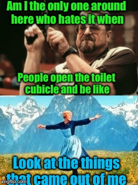 I swear this is super gross... | Am I the only one around here who hates it when; People open the toilet cubicle and be like; Look at the things that came out of me | image tagged in am i the only one around here,look at all these,memes | made w/ Imgflip meme maker