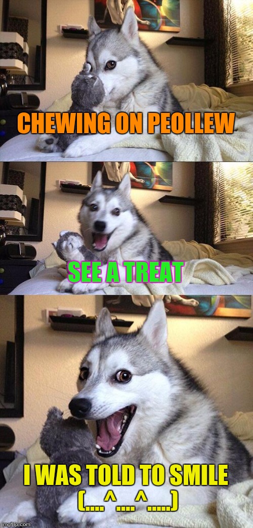 Bad Pun Dog | CHEWING ON PEOLLEW; SEE A TREAT; I WAS TOLD TO SMILE (....^....^.....) | image tagged in memes,bad pun dog | made w/ Imgflip meme maker