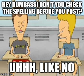 HEY DUMBASS! DON'T YOU CHECK THE SPELLING BEFORE YOU POST? UHHH, LIKE NO | made w/ Imgflip meme maker