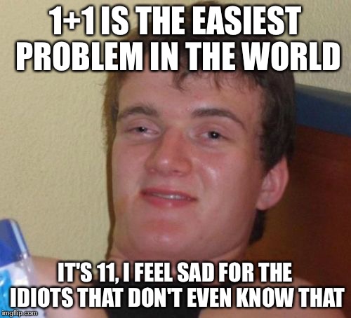 10 Guy | 1+1 IS THE EASIEST PROBLEM IN THE WORLD; IT'S 11, I FEEL SAD FOR THE IDIOTS THAT DON'T EVEN KNOW THAT | image tagged in memes,10 guy | made w/ Imgflip meme maker