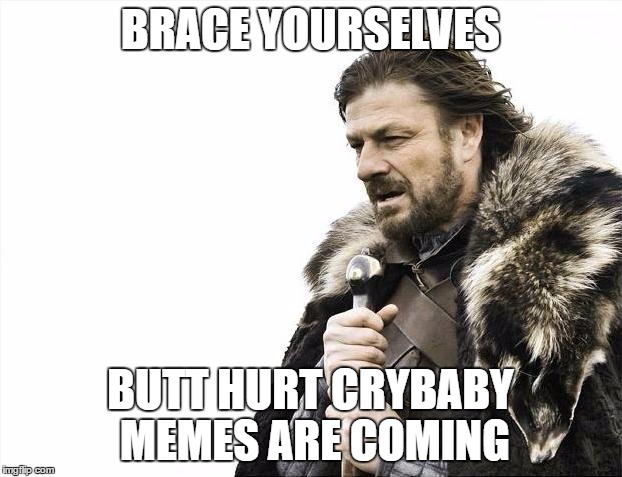 Brace Yourselves X is Coming Meme | BRACE YOURSELVES; BUTT HURT CRYBABY MEMES ARE COMING | image tagged in memes,brace yourselves x is coming | made w/ Imgflip meme maker