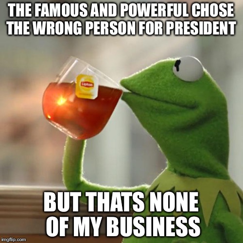 But That's None Of My Business | THE FAMOUS AND POWERFUL CHOSE THE WRONG PERSON FOR PRESIDENT; BUT THATS NONE OF MY BUSINESS | image tagged in memes,but thats none of my business,kermit the frog | made w/ Imgflip meme maker