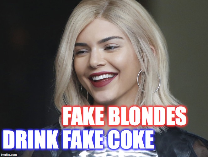 Kendall Jenner | FAKE BLONDES; DRINK FAKE COKE | image tagged in kendall jenner | made w/ Imgflip meme maker