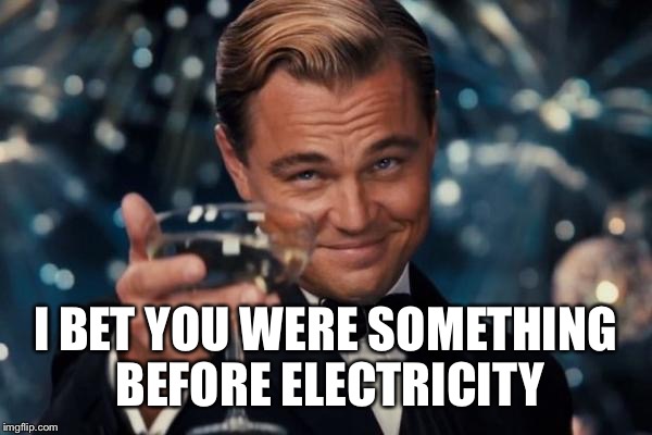 Leonardo Dicaprio Cheers Meme | I BET YOU WERE SOMETHING BEFORE ELECTRICITY | image tagged in memes,leonardo dicaprio cheers | made w/ Imgflip meme maker