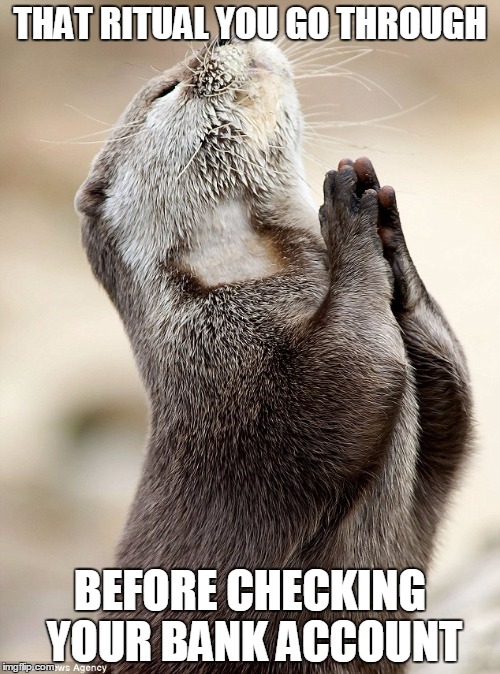 THAT RITUAL YOU GO THROUGH; BEFORE CHECKING YOUR BANK ACCOUNT | image tagged in otter,money,prayer | made w/ Imgflip meme maker