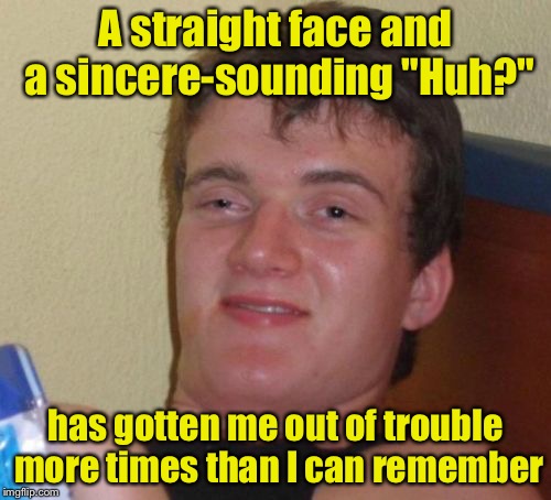 10 Guy | A straight face and a sincere-sounding "Huh?"; has gotten me out of trouble more times than I can remember | image tagged in memes,10 guy | made w/ Imgflip meme maker