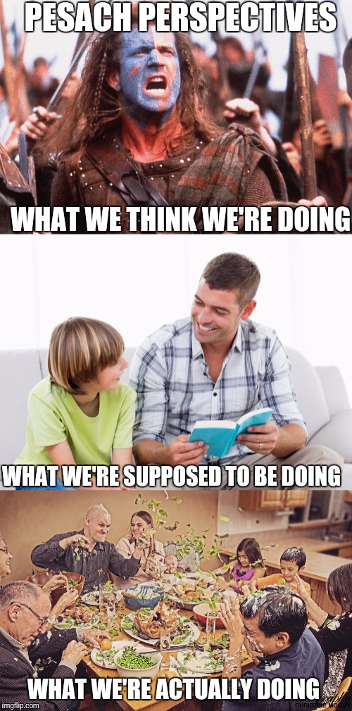 Pesach Perspectives | PESACH PERSPECTIVES; WHAT WE THINK WE'RE DOING; WHAT WE'RE SUPPOSED TO BE DOING; WHAT WE'RE ACTUALLY DOING | image tagged in passover,william wallace,pesach,original meme | made w/ Imgflip meme maker