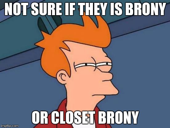 Fry's Very Serious Brony Question | NOT SURE IF THEY IS BRONY; OR CLOSET BRONY | image tagged in memes,futurama fry,brony | made w/ Imgflip meme maker