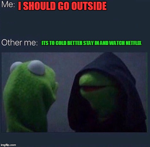 Evil Kermit | I SHOULD GO OUTSIDE; ITS TO COLD BETTER STAY IN AND WATCH NETFLIX | image tagged in evil kermit | made w/ Imgflip meme maker