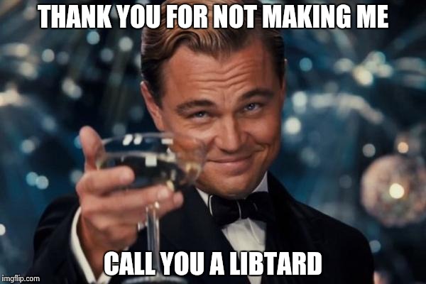 Leonardo Dicaprio Cheers Meme | THANK YOU FOR NOT MAKING ME CALL YOU A LIBTARD | image tagged in memes,leonardo dicaprio cheers | made w/ Imgflip meme maker