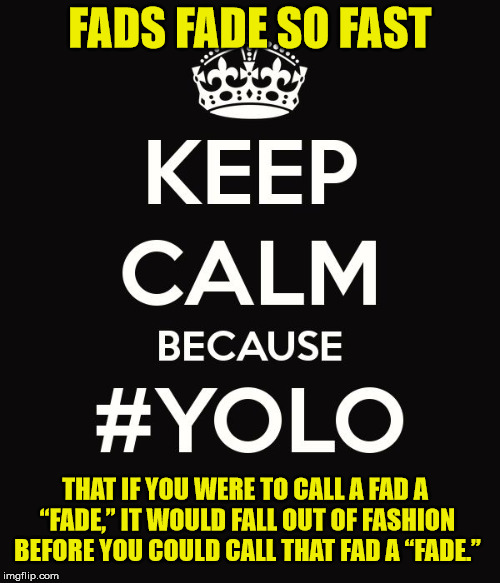 Soon this meme will fade too! Hoping not before the front page, though. Lol! | FADS FADE SO FAST; THAT IF YOU WERE TO CALL A FAD A “FADE,” IT WOULD FALL OUT OF FASHION BEFORE YOU COULD CALL THAT FAD A “FADE.” | image tagged in fads ahoy,keep calm,yolo,memes | made w/ Imgflip meme maker