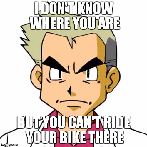 profesor oak | I DON'T KNOW WHERE YOU ARE; BUT YOU CAN'T RIDE YOUR BIKE THERE | image tagged in profesor oak | made w/ Imgflip meme maker