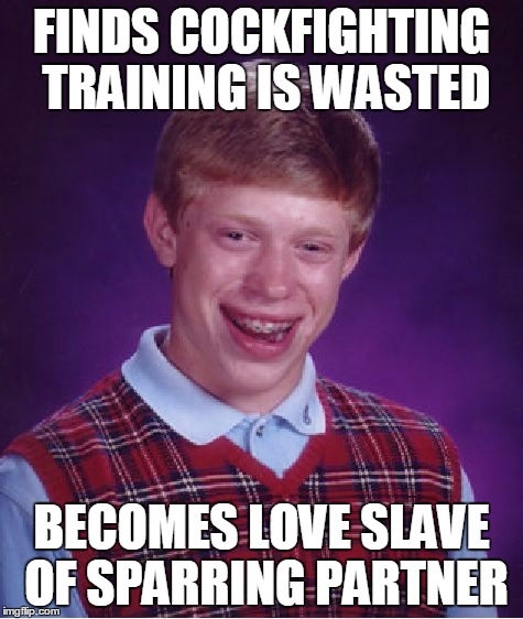 Bad Luck Brian Meme | FINDS COCKFIGHTING TRAINING IS WASTED BECOMES LOVE SLAVE OF SPARRING PARTNER | image tagged in memes,bad luck brian | made w/ Imgflip meme maker