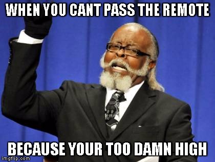 Too Damn High To Pass the Remote | WHEN YOU CANT PASS THE REMOTE; BECAUSE YOUR TOO DAMN HIGH | image tagged in memes,too damn high | made w/ Imgflip meme maker