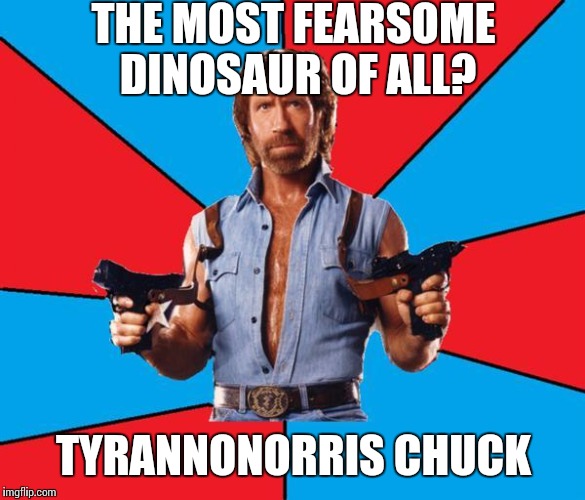 Chuck Norris With Guns Meme | THE MOST FEARSOME DINOSAUR OF ALL? TYRANNONORRIS CHUCK | image tagged in memes,chuck norris with guns,chuck norris | made w/ Imgflip meme maker
