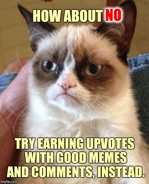 Grumpy Cat Meme | HOW ABOUT NO TRY EARNING UPVOTES WITH GOOD MEMES AND COMMENTS, INSTEAD. NO | image tagged in memes,grumpy cat | made w/ Imgflip meme maker