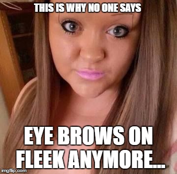 Eyebrow idiot | THIS IS WHY NO ONE SAYS; EYE BROWS ON FLEEK ANYMORE... | image tagged in eyebrow idiot | made w/ Imgflip meme maker