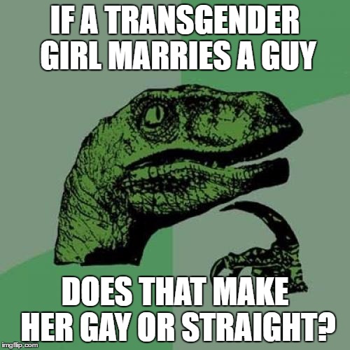Philosoraptor | IF A TRANSGENDER GIRL MARRIES A GUY; DOES THAT MAKE HER GAY OR STRAIGHT? | image tagged in memes,philosoraptor | made w/ Imgflip meme maker