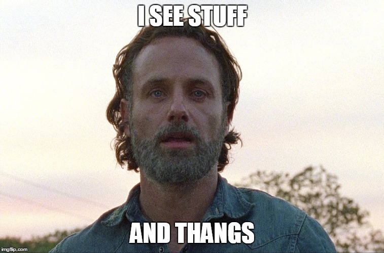 I see Stuff 'N Thangs | I SEE STUFF; AND THANGS | image tagged in the walking dead,rick grimes | made w/ Imgflip meme maker