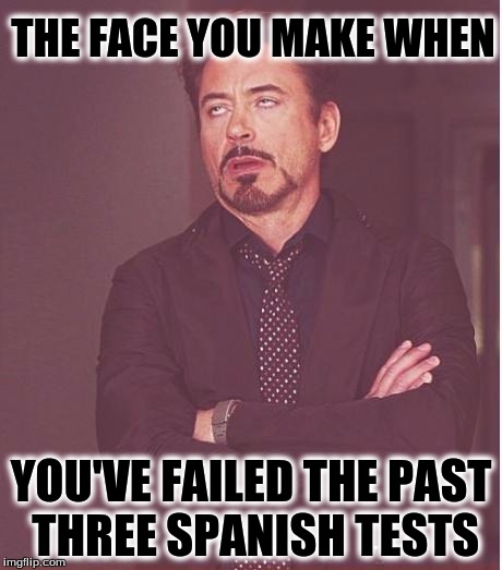 Face You Make Robert Downey Jr Meme | THE FACE YOU MAKE WHEN; YOU'VE FAILED THE PAST THREE SPANISH TESTS | image tagged in memes,face you make robert downey jr | made w/ Imgflip meme maker