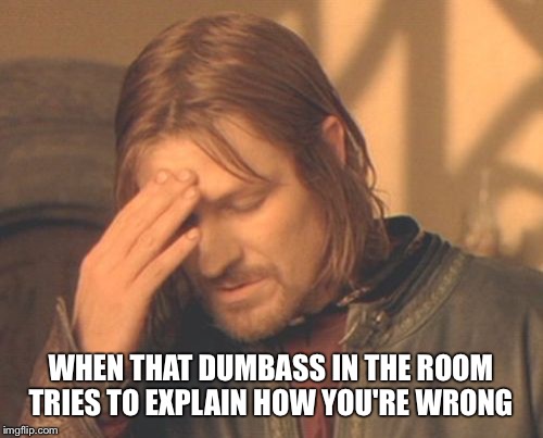 Frustrated Boromir | WHEN THAT DUMBASS IN THE ROOM TRIES TO EXPLAIN HOW YOU'RE WRONG | image tagged in memes,frustrated boromir | made w/ Imgflip meme maker