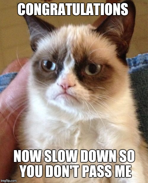 Grumpy Cat Meme | CONGRATULATIONS NOW SLOW DOWN SO YOU DON'T PASS ME | image tagged in memes,grumpy cat | made w/ Imgflip meme maker