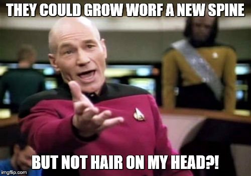 Picard Wtf Meme | THEY COULD GROW WORF A NEW SPINE BUT NOT HAIR ON MY HEAD?! | image tagged in memes,picard wtf | made w/ Imgflip meme maker