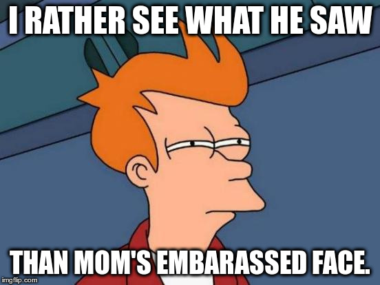 Futurama Fry Meme | I RATHER SEE WHAT HE SAW THAN MOM'S EMBARASSED FACE. | image tagged in memes,futurama fry | made w/ Imgflip meme maker