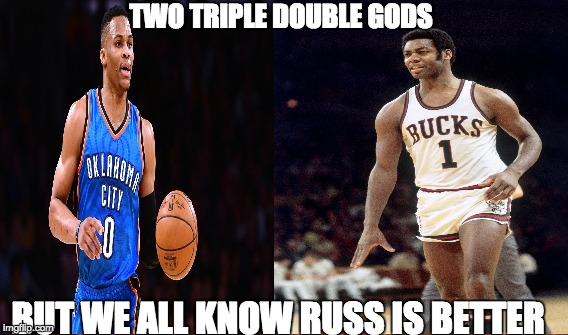 two legends | TWO TRIPLE DOUBLE GODS; BUT WE ALL KNOW RUSS IS BETTER | image tagged in regular show ohhh | made w/ Imgflip meme maker