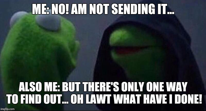 Kermit Hoodie | ME: NO! AM NOT SENDING IT... ALSO ME: BUT THERE'S ONLY ONE WAY TO FIND OUT... OH LAWT WHAT HAVE I DONE! | image tagged in kermit hoodie | made w/ Imgflip meme maker