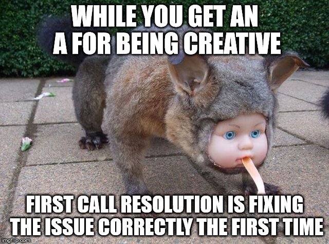 I Fixed It | WHILE YOU GET AN A FOR BEING CREATIVE; FIRST CALL RESOLUTION IS FIXING THE ISSUE CORRECTLY THE FIRST TIME | image tagged in weird stuff i do potoo,there i fixed it,real genius | made w/ Imgflip meme maker