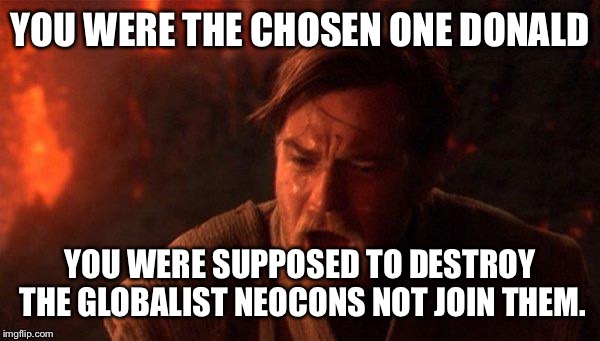 You Were The Chosen One (Star Wars) | YOU WERE THE CHOSEN ONE DONALD; YOU WERE SUPPOSED TO DESTROY THE GLOBALIST NEOCONS NOT JOIN THEM. | image tagged in memes,you were the chosen one star wars | made w/ Imgflip meme maker