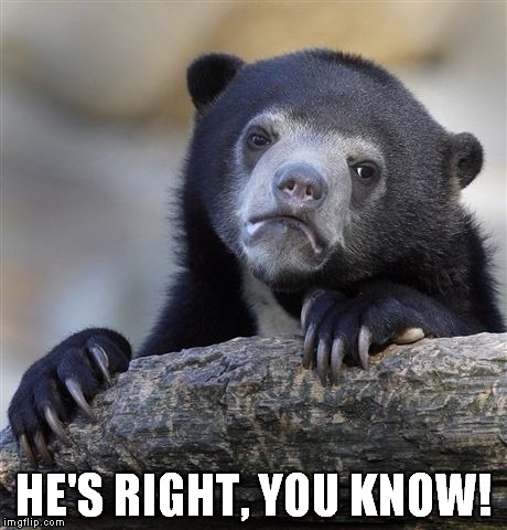 Confession Bear Meme | HE'S RIGHT, YOU KNOW! | image tagged in memes,confession bear | made w/ Imgflip meme maker