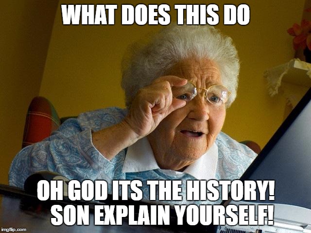Grandma Finds The Internet | WHAT DOES THIS DO; OH GOD ITS THE HISTORY!   SON EXPLAIN YOURSELF! | image tagged in memes,grandma finds the internet | made w/ Imgflip meme maker