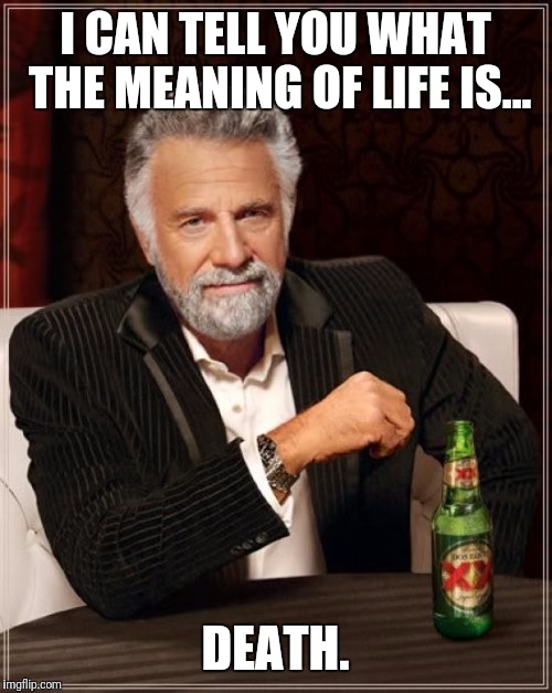 The Most Interesting Man In The World | I CAN TELL YOU WHAT THE MEANING OF LIFE IS... DEATH. | image tagged in memes,the most interesting man in the world | made w/ Imgflip meme maker