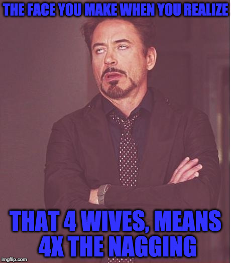 polygamous mormons | THE FACE YOU MAKE WHEN YOU REALIZE; THAT 4 WIVES, MEANS 4X THE NAGGING | image tagged in memes,face you make robert downey jr | made w/ Imgflip meme maker