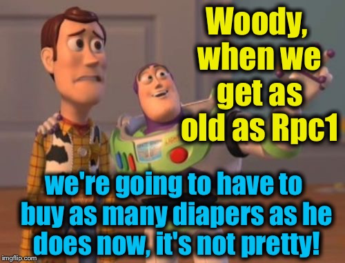X, X Everywhere Meme | Woody, when we get as old as Rpc1 we're going to have to buy as many diapers as he does now, it's not pretty! | image tagged in memes,x x everywhere | made w/ Imgflip meme maker
