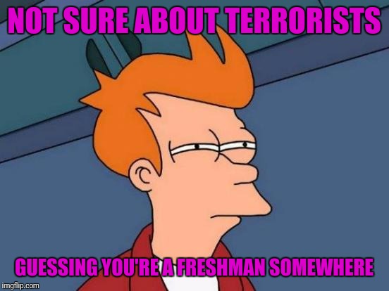 Futurama Fry Meme | NOT SURE ABOUT TERRORISTS GUESSING YOU'RE A FRESHMAN SOMEWHERE | image tagged in memes,futurama fry | made w/ Imgflip meme maker