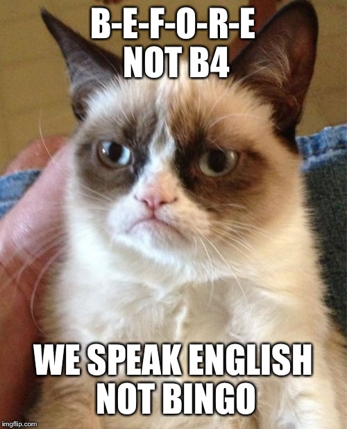 Grumpy Cat Meme | B-E-F-O-R-E NOT B4; WE SPEAK ENGLISH NOT BINGO | image tagged in memes,grumpy cat | made w/ Imgflip meme maker