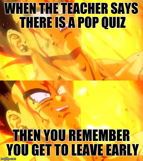 Bardock death meme | WHEN THE TEACHER SAYS THERE IS A POP QUIZ; THEN YOU REMEMBER YOU GET TO LEAVE EARLY | image tagged in bardock death meme | made w/ Imgflip meme maker