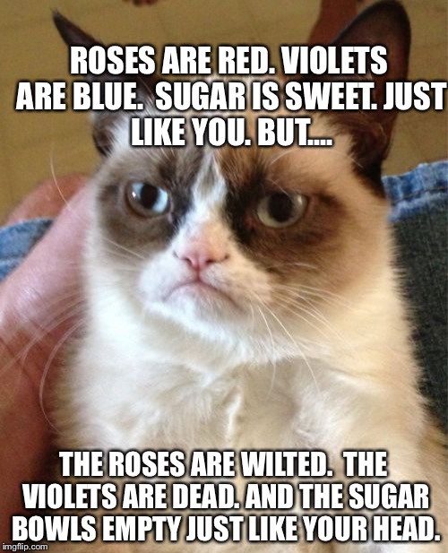 Grumpy Cat | ROSES ARE RED.
VIOLETS ARE BLUE. 
SUGAR IS SWEET.
JUST LIKE YOU. BUT.... THE ROSES ARE WILTED. 
THE VIOLETS ARE DEAD. AND THE SUGAR BOWLS EMPTY JUST LIKE YOUR HEAD. | image tagged in memes,grumpy cat | made w/ Imgflip meme maker