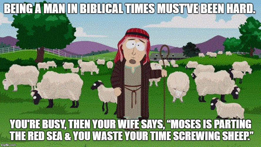 BEING A MAN IN BIBLICAL TIMES MUST’VE BEEN HARD. YOU'RE BUSY, THEN YOUR WIFE SAYS, “MOSES IS PARTING THE RED SEA & YOU WASTE YOUR TIME SCREWING SHEEP.” | image tagged in moses,bible,sunday,funny,funny memes | made w/ Imgflip meme maker