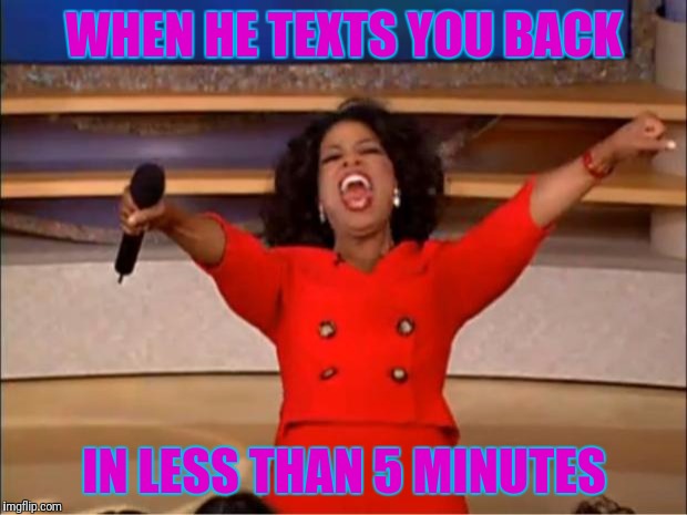 Oprah You Get A | WHEN HE TEXTS YOU BACK; IN LESS THAN 5 MINUTES | image tagged in memes,oprah you get a | made w/ Imgflip meme maker
