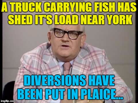 Some-fin must've gone wrong... :) | A TRUCK CARRYING FISH HAS SHED IT'S LOAD NEAR YORK; DIVERSIONS HAVE BEEN PUT IN PLAICE... | image tagged in memes,fish,ronnie barker,british tv | made w/ Imgflip meme maker