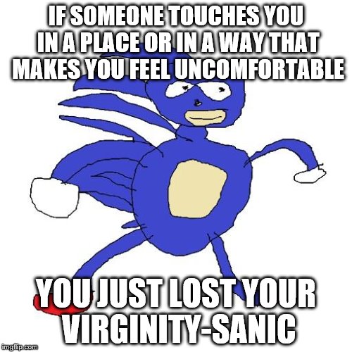Sanic | IF SOMEONE TOUCHES YOU IN A PLACE OR IN A WAY THAT MAKES YOU FEEL UNCOMFORTABLE; YOU JUST LOST YOUR VIRGINITY-SANIC | image tagged in sanic | made w/ Imgflip meme maker